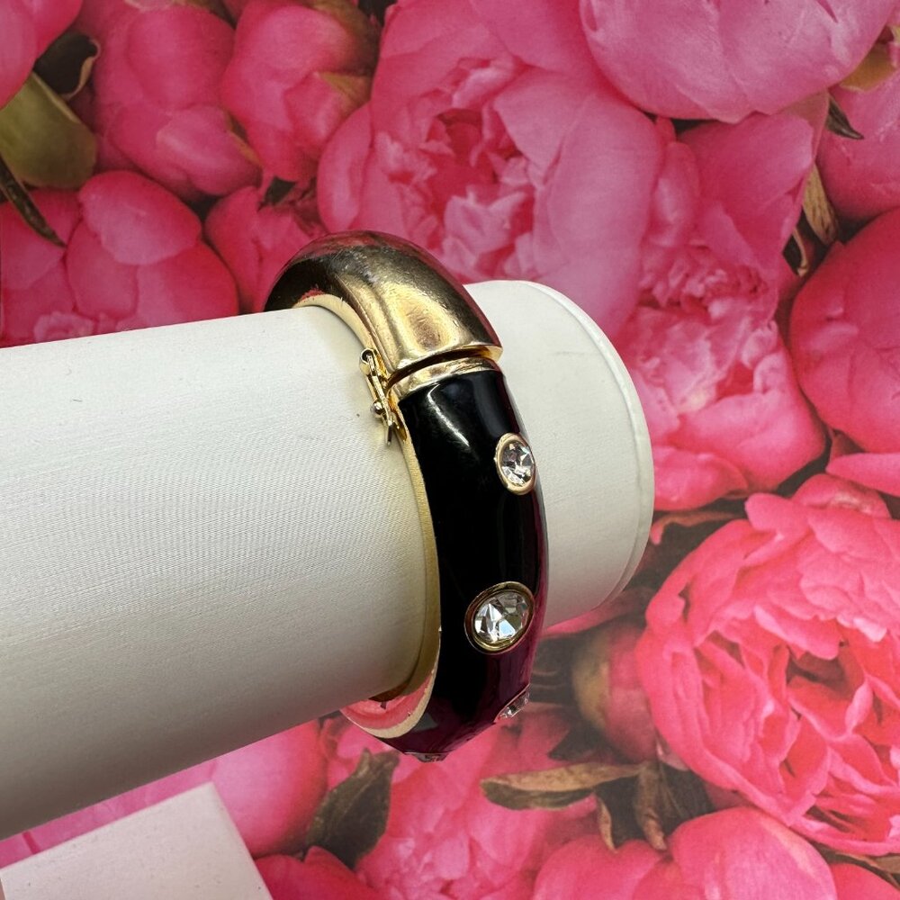 RARE VTG Christian Dior Black Enamel Rhinestone Hinged Bracelet - Picture 3 of 14